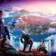 An image shows Geralt, Doom Guy and others standing on a cliff and looking at a large island.